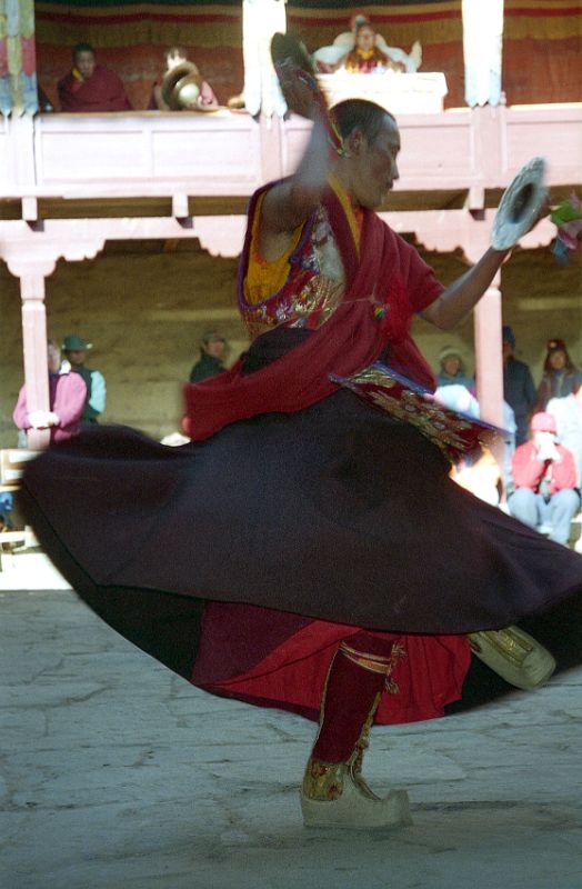 26 Tengboche Gompa 1997 Mani Rimdu Rehearsal Monk Twirls While Hitting Cymbals